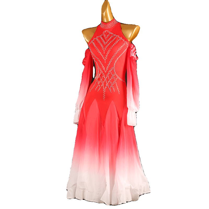 Red Gradient Rhinestones Competition Ballroom Dance Dresses for Women Girls Hollow Shoulder Waltz Tango  Performance Gown for Female - Moderndancedress.com