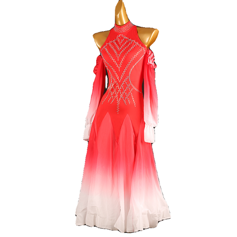 Red Gradient Rhinestones Competition Ballroom Dance Dresses for Women Girls Hollow Shoulder Waltz Tango  Performance Gown for Female - Moderndancedress.com
