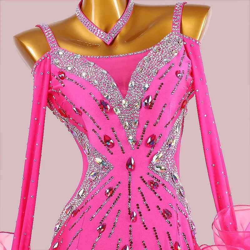 Custom Ombre Pink Ballroom Dance Dress with Crystals Smooth Foxtrot Dance Gown