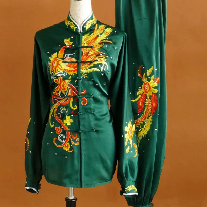 Custom Size Tai Chi Clothing Dark Green Embroidered Phoenix Wushu Martial Arts Kunfu Group Performance Uniforms - Moderndancedress.com