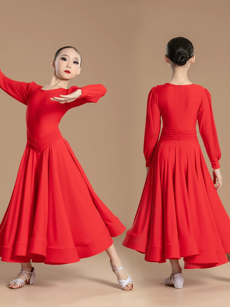 Modern dance competition ballroom dresses for girls kids red white social dance regulations walt tango foxtrot smooth dance gown large skirt - Moderndancedress.com