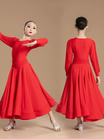 Modern dance competition ballroom dresses for girls kids red white social dance regulations walt tango foxtrot smooth dance gown large skirt - Moderndancedress.com