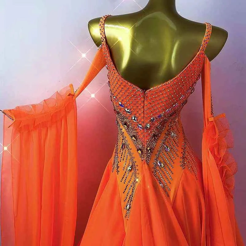 Customized Size Orange Competition Ballroom Dance Dresses for Women Girls Foxtrot Rhythm Waltz Tango Dance Gown