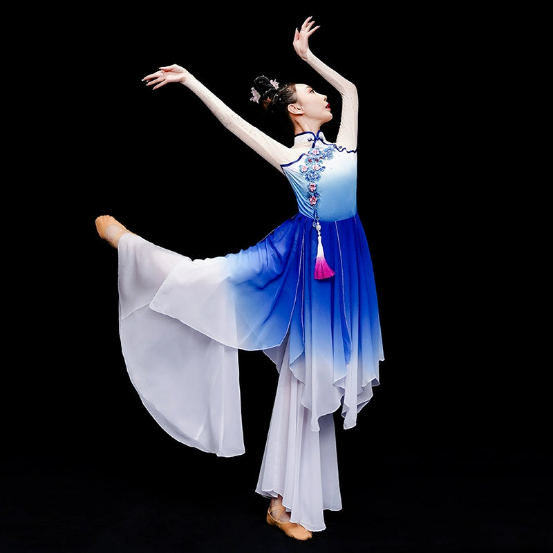 Chinese folk Classical Dance Costume for women girls Elegant  Blue fan umbrella Yangge Dance Costume Solo Dance wear hanfu - Moderndancedress.com