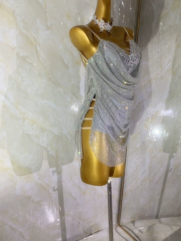 Customized size silver bling Latin dance dresses for women kids art test flower salsa rumba chacha competition costume - Moderndancedress.com