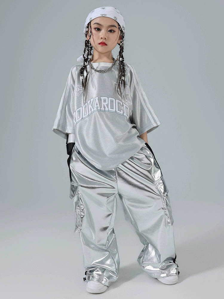 Hiphop street jazz dance Costumes for girls silver short sleeve pants modern gogo dancers rapper singers performance outfits for kids - Moderndancedress.com