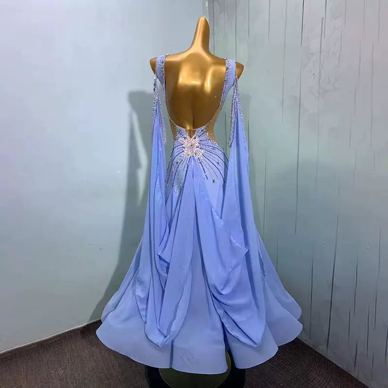 Custom Size Blue Chiffon Ballroom Dance Dress Petals Smooth Waltz Performance Costume