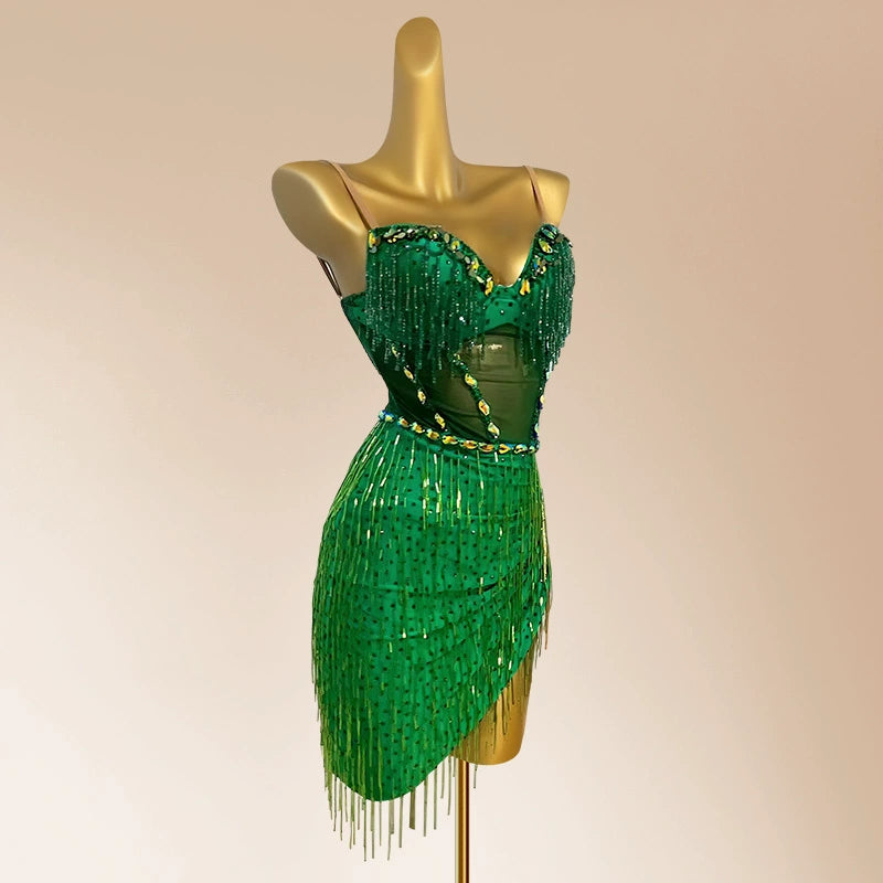 Custom Size Dark Green Latin Dance Dresses for Women Girls Bling Fringe Salsa Rumba Chacha Prom Performance Costumes - Moderndancedress.com