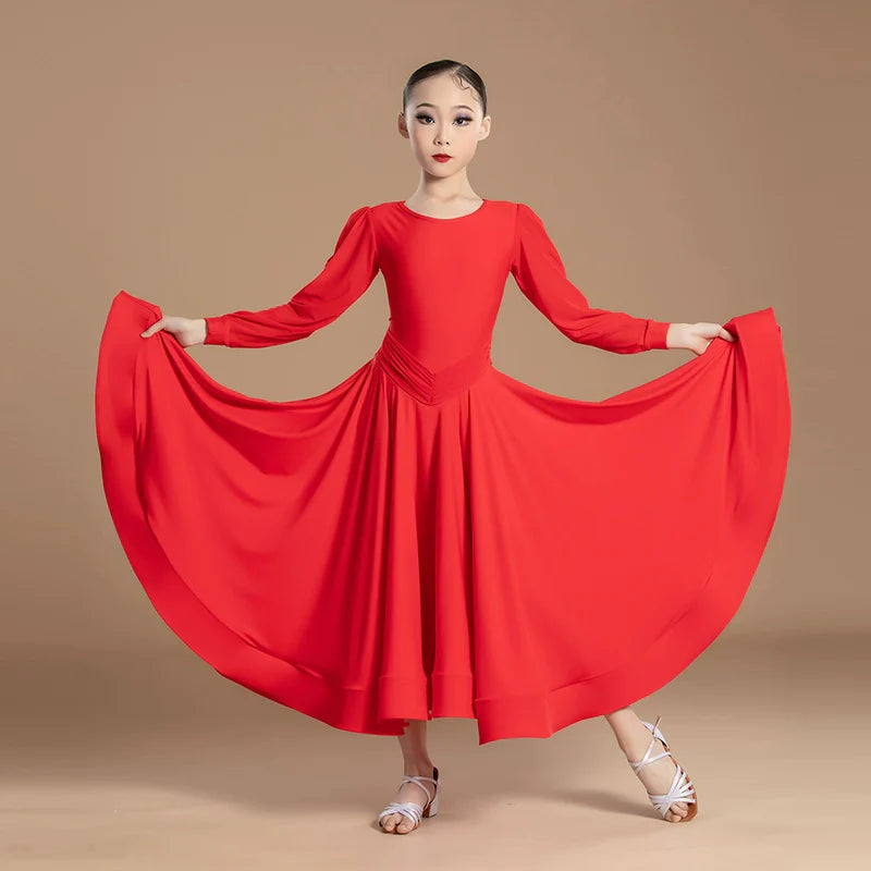 Modern dance competition ballroom dresses for girls kids red white social dance regulations walt tango foxtrot smooth dance gown large skirt - Moderndancedress.com