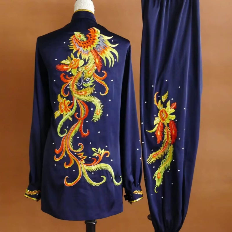 Custom Size Tai Chi Clothing Dark Green Embroidered Phoenix Wushu Martial Arts Kunfu Group Performance Uniforms - Moderndancedress.com