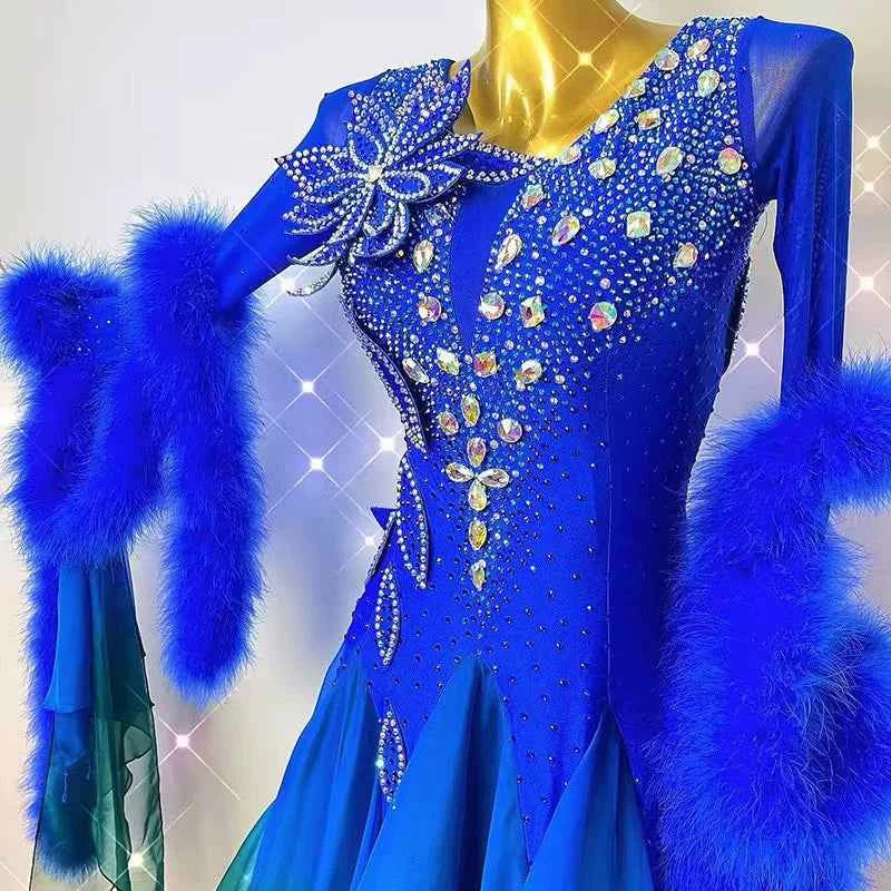 Customized Size Feather Competition Ballroom Dance Dresses for Women Girls Blue Dark Green Waltz Tango Foxtrot Dance Gown