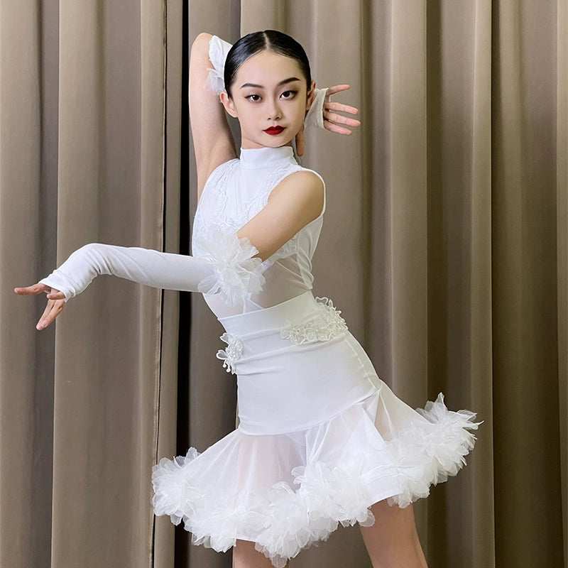 White Black Lace Ruffles Latin Dance Dresses for Girls Kids Salsa Rumba Chach Party Stage Performance Outfits Modern Dance Skrits with Gloves - Moderndancedress.com
