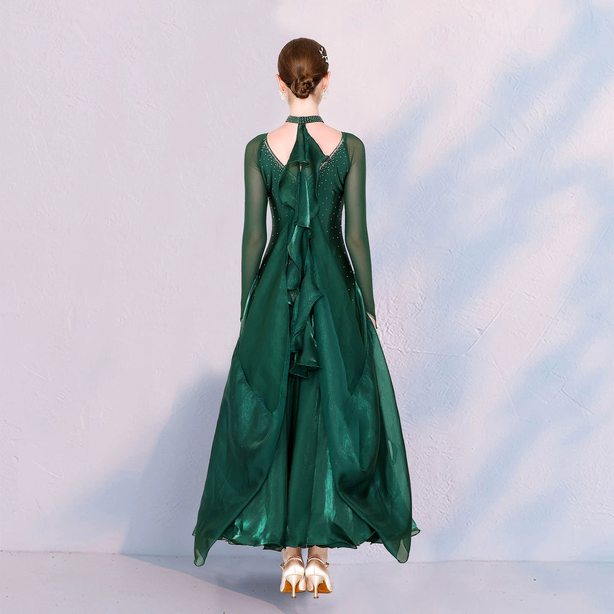 Women Dark Green Ballroom Dance Dress - Silver Rhinestone Waltz Foxtrot Gown