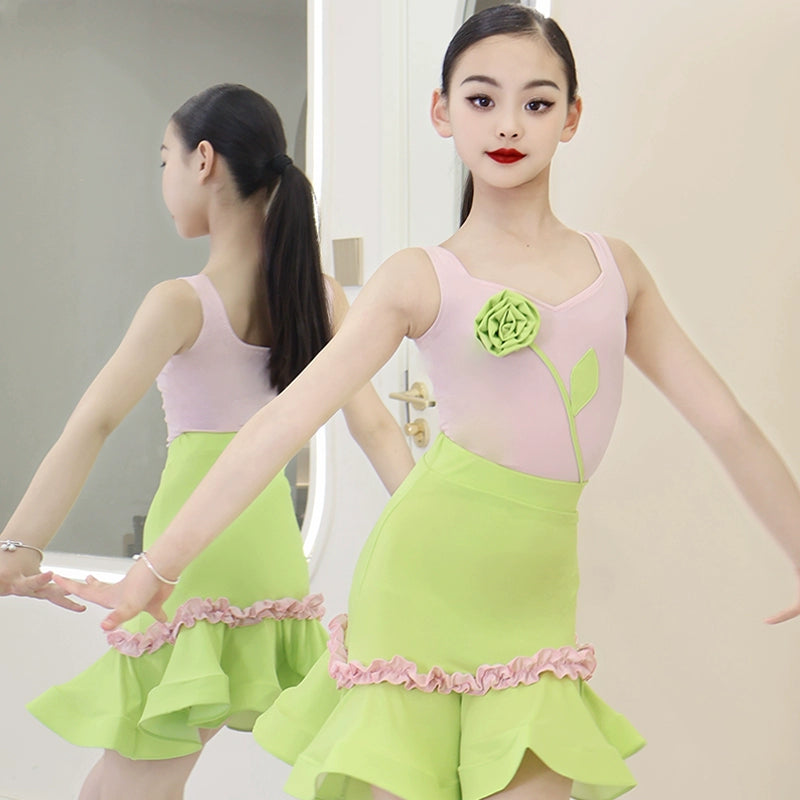 Girls Latin Dance Dresses Pink Green Flowers Latin Salsa Rumba Ballroom Ball Solo Performance Costumes for Kids