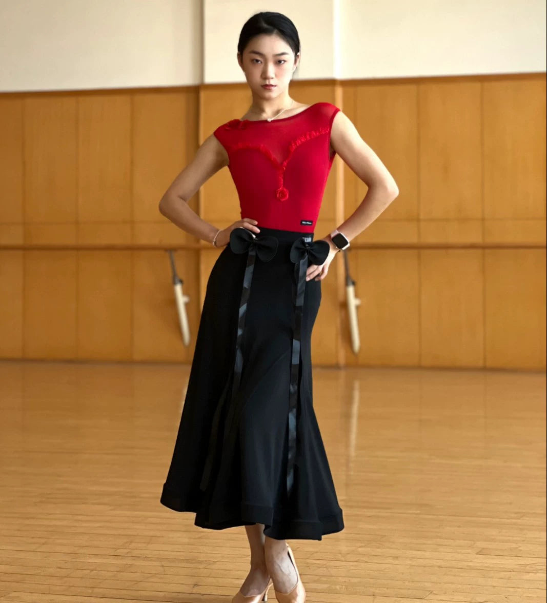 Women Girls Black Red White Ballroom Tango Waltz Dance Dresses Ruffles Sleeveless Lace Jumpsuit Flower Bow Modern Skirt Art Test Performance Costumes - Moderndancedress.com