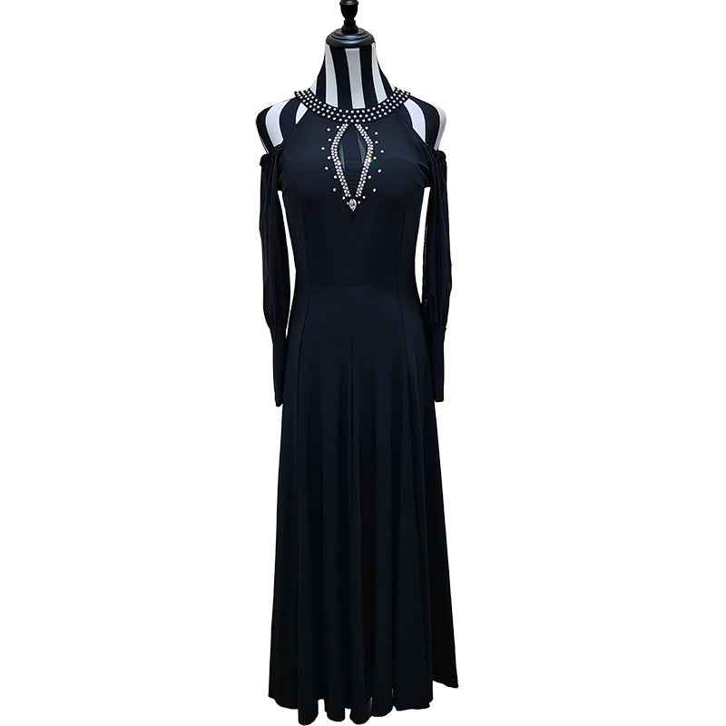 Mint Black Hollow Shoulder Ballroom Dance Dresses for Women Girls Waltz Tango Smooth Dance Long Gown - Moderndancedress.com