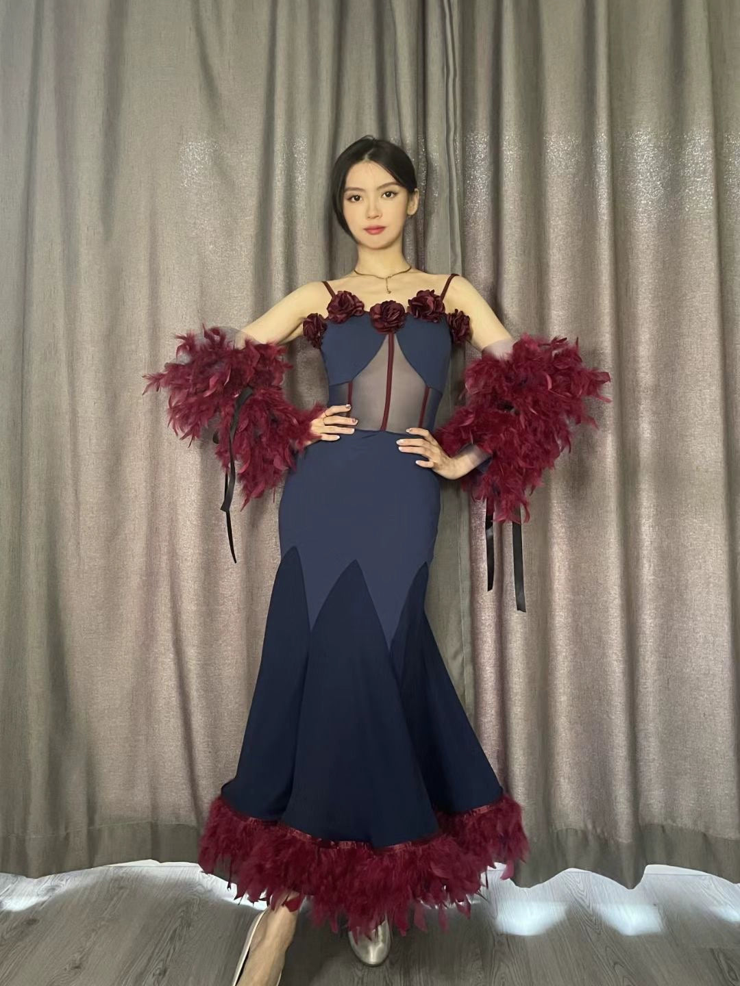 Pink Burgundy Feather Ballroom Dance Dresses for Women Girls Navy Waltz Tango Foxtrot Smooth Dance Art Test Dress Standard Performance Gown - Moderndancedress.com