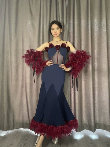 Pink Burgundy Feather Ballroom Dance Dresses for Women Girls Navy Waltz Tango Foxtrot Smooth Dance Art Test Dress Standard Performance Gown - Moderndancedress.com