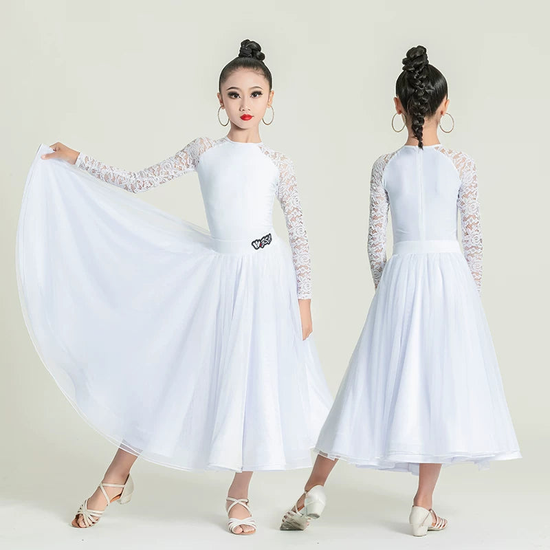 White Blue Lace Ballroom Dance Dresses for Girls Kids Waltz National Tango Dance Skirt Performance Regulations Clothes