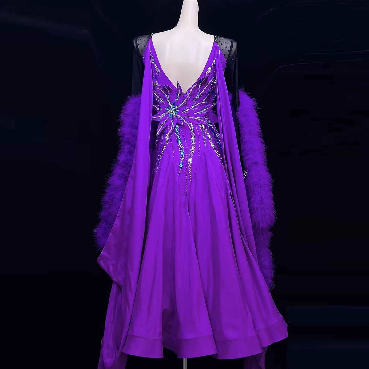 Custom Royal Purple Ballroom Dance Dress 3D Flower Applique Waltz Foxtrot Smooth Dance Gown