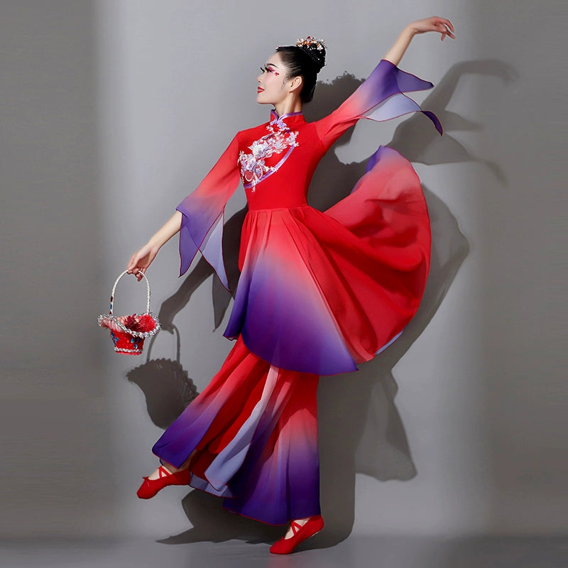 Red violet chinese folk dance costumes for women girls Jiaozhou Yangge umbrella dance dresses classical  fan dance suit - Moderndancedress.com