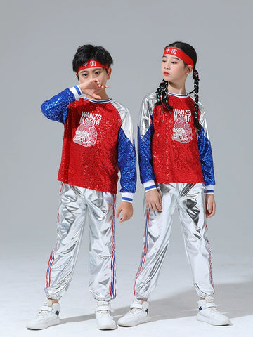 Children's Cheerleading Costumes Silver Blue Sequins Jazz Hip Hop Street Outfit for Girls Boys Opening Ceremony Jazz Dance Outfits for Kids - Moderndancedress.com