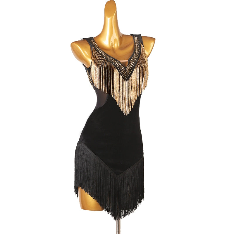 Gold Tube Fringed Black Red Velvet Latin Dance Dresses for Women Girls Rumba Cha Dance Outfits