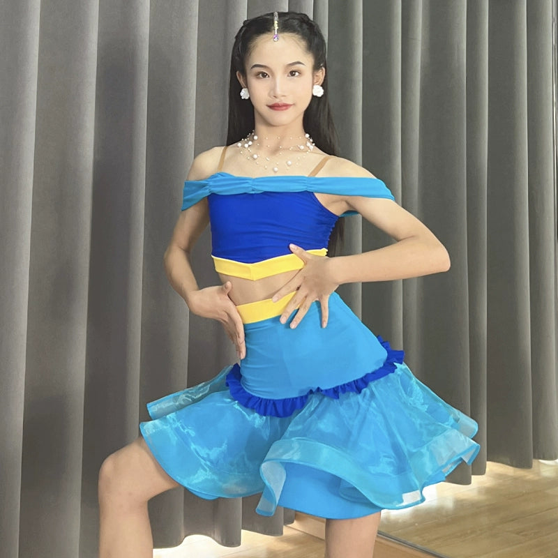 Blue yellow children's Latin dance dance dresses salsa ballroom performance skirts off-the-shoulder practice outfits for kids - Moderndancedress.com