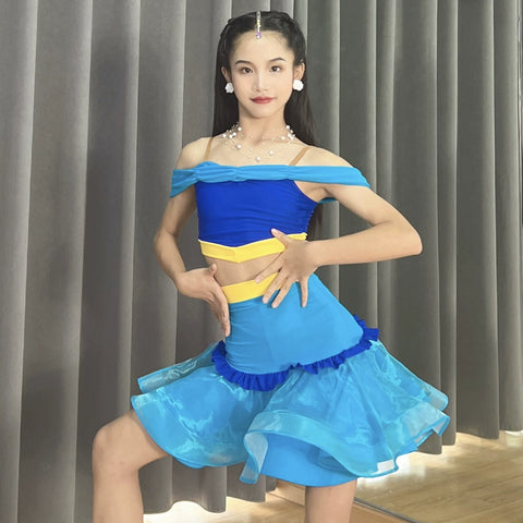Blue yellow children's Latin dance dance dresses salsa ballroom performance skirts off-the-shoulder practice outfits for kids - Moderndancedress.com