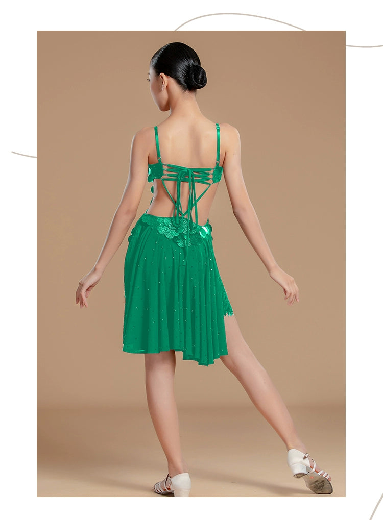 Girls Latin Dance Dresses for Kids Green Pink Sequins Fringe Backless Salsa Chacha Latin Costumes for Children