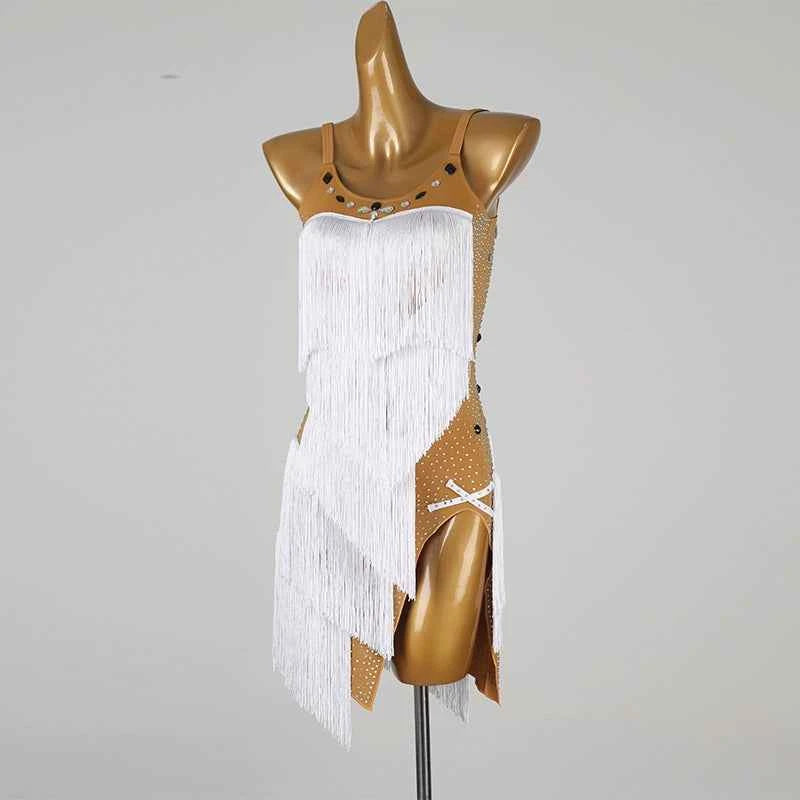White Latin Dance Dresses for Women Girls Fringe Rhinestones Salsa Latin Performance Costume Side Slit