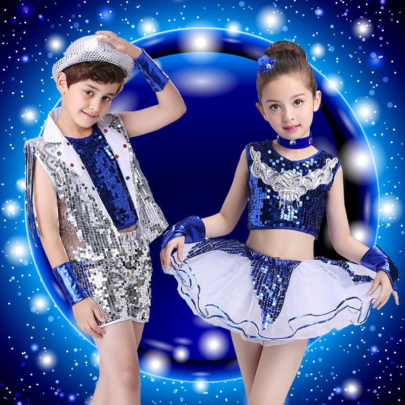 Girls Jazz Dance Costumes Jazz hiphop dance silver blue sequins outfits Boys modern hip-hop costumes Girl kindergarten costumes - Moderndancedress.com