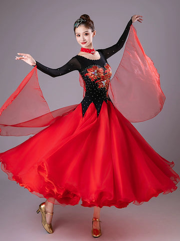 Navy Red Competition Ballroom Dance Dresses for Women Girls Diamond Waltz Tango Foxtrot Rhythm Performance Costumes - Moderndancedress.com