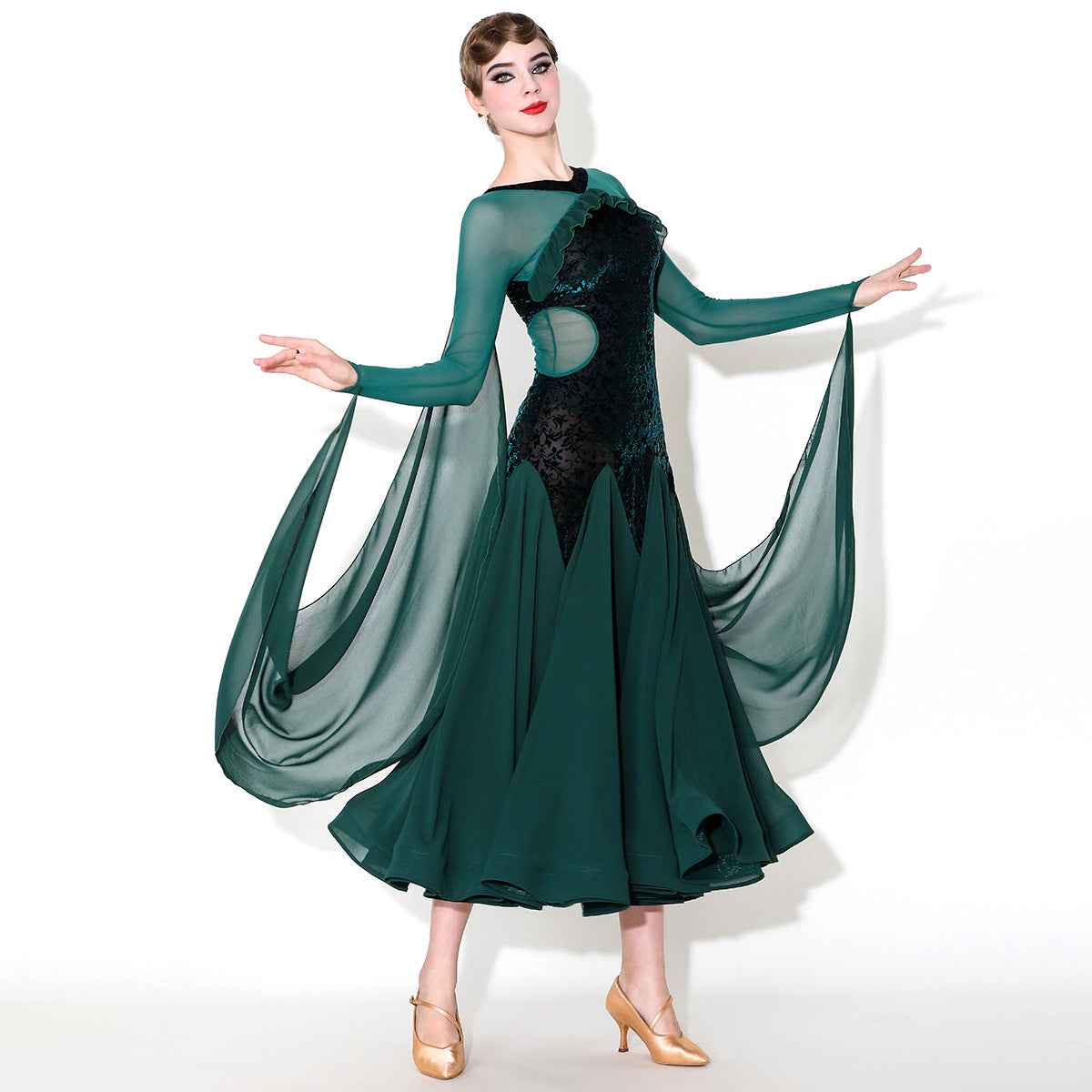 Wine Dark Green Ballroom Dance Dresses for Women Girls Float Sleeves Waltz Tango Foxtrot Smooth Dance Long Gown - Moderndancedress.com