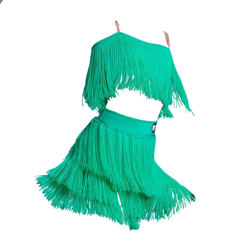 Green Tassels Latin Dance Dresses for Girls Kids Two Peices Salsa Rumba Standard Professional Performance Tap Dance Costumes for Children - Moderndancedress.com