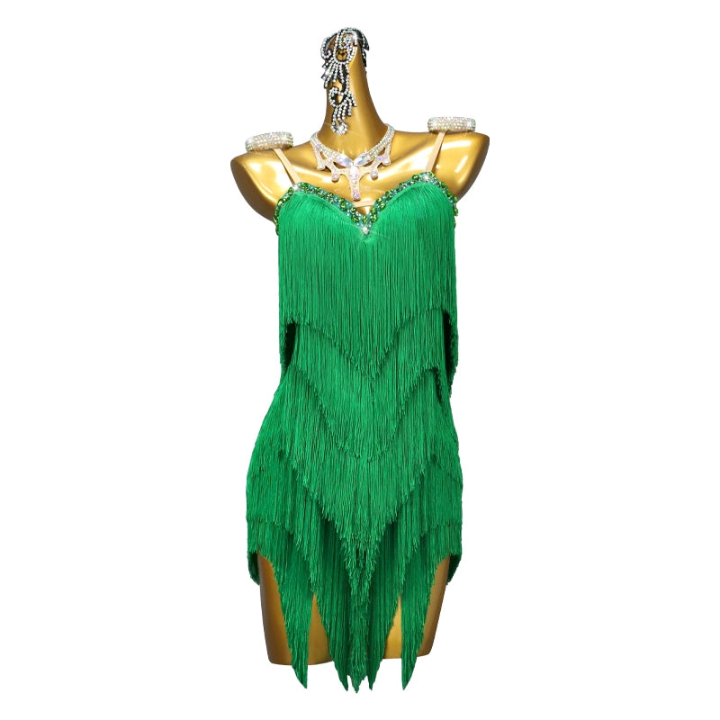 Green Fringe Latin Dance Contest Performance Dresses for Women Girls Salsa Rumba Chacha Samba Party Performance Costumes