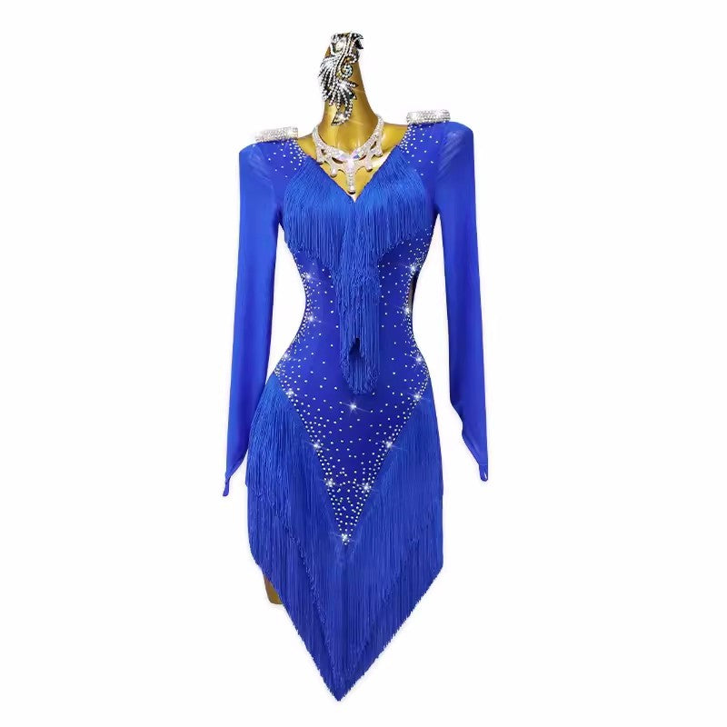 Royal blue fringe long sleeves competition latin dance dresses for women girls salsa rumba chacha ballroom tango dancing costumes for lady - Moderndancedress.com