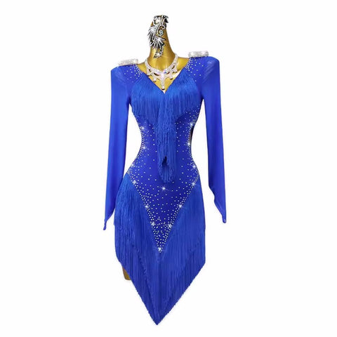 Royal blue fringe long sleeves competition latin dance dresses for women girls salsa rumba chacha ballroom tango dancing costumes for lady - Moderndancedress.com