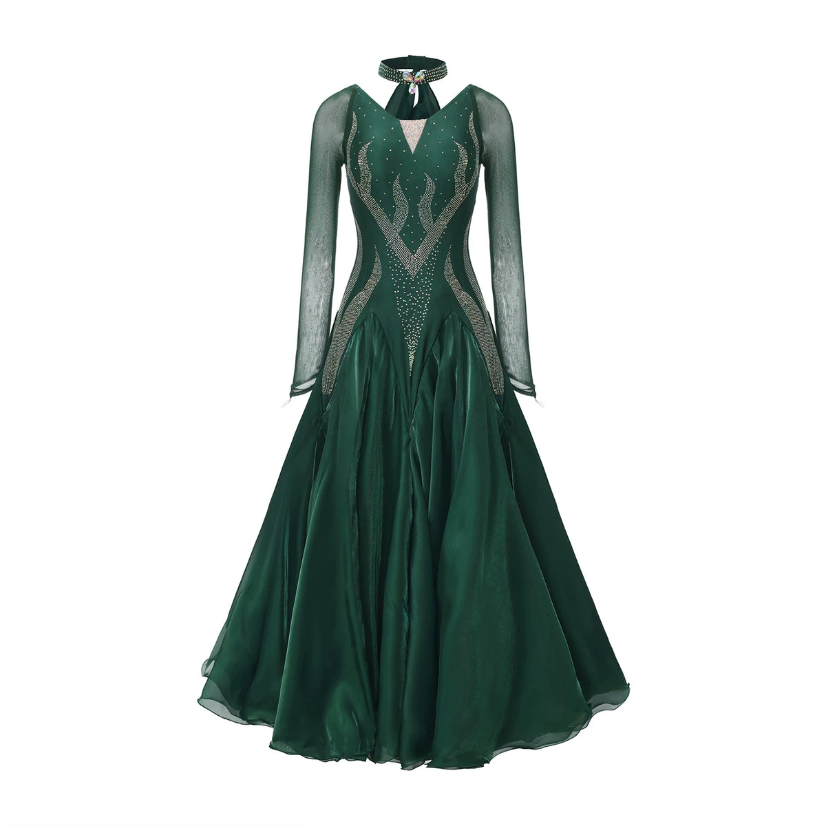 Women Dark Green Ballroom Dance Dress - Silver Rhinestone Waltz Foxtrot Gown