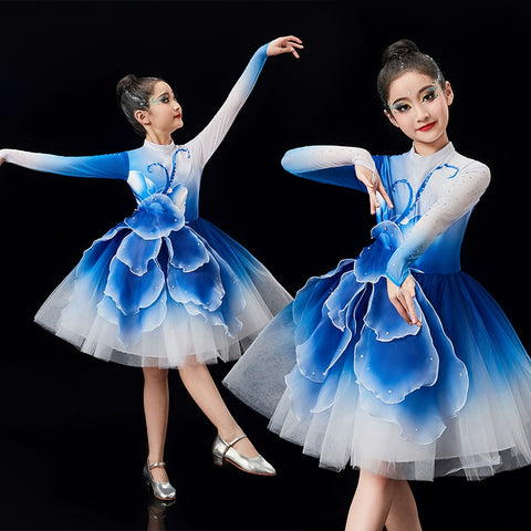 Children's pink green Petals modern dance dresses chorus performance girls tutu skirts school church choir competition outfits - Moderndancedress.com