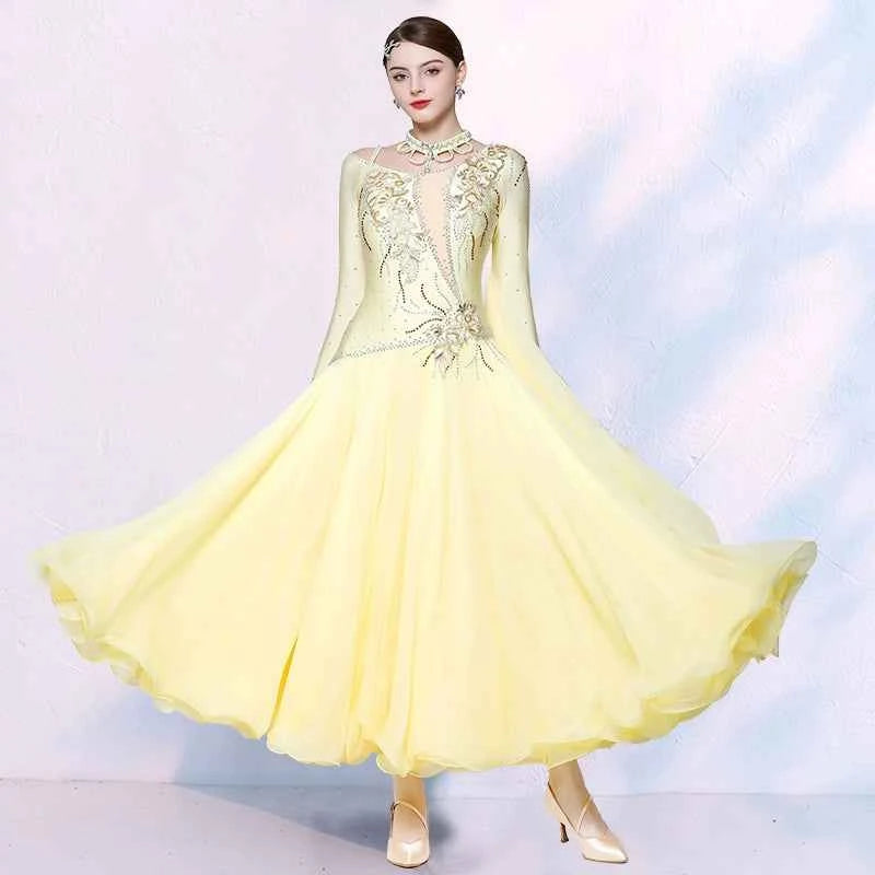 Light Yellow Ballroom Dance Dresses for Women Girls Waltz Tango Foxtrot National Dancing Gown