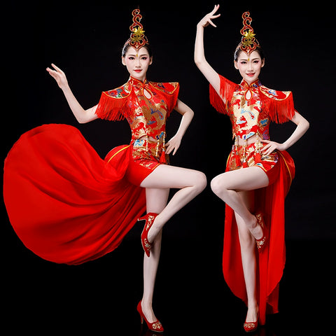 Jazz Dance Costumes Drum costume performance dress Chinese fans waist drum Dress Adult cheongsam modern dance performance dress - Moderndancedress.com