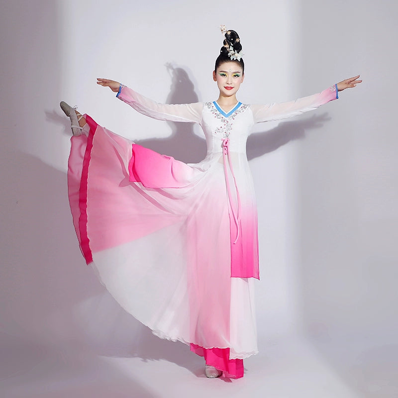 Pink green gradient chinese folk dance costumes women ancient traditional classical dance performance dresses female fairy hanfu - Moderndancedress.com