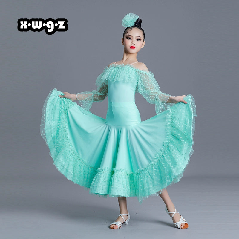 Girls Kids Pink Green Blue Polka Lace Ballroom Dance Dresses Children Ballroom National Ballroom Dance Long Sleeve Dew Shoulder Stage Performance Costumes for Kids - Moderndancedress.com