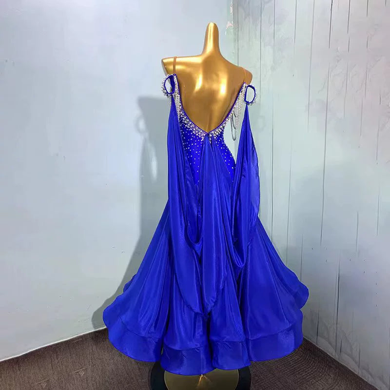 Custom Size Royal Blue Ballroom Dance Dresses for Women Girls Rhythm Smooth Foxtrot Waltz Tango Dance Competition Long Gown