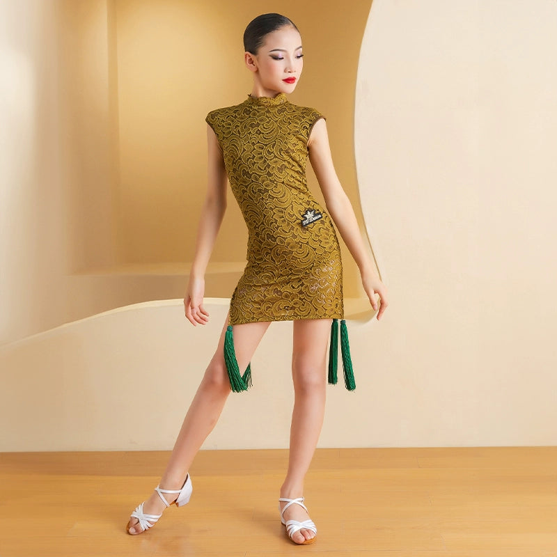 Girls wine green lace laitn dance dresses Latin dance costume lace tassel retro catwalk training performance outfits for kids - Moderndancedress.com