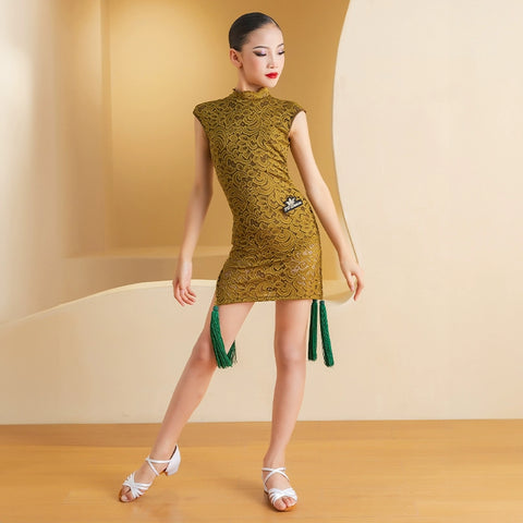 Girls wine green lace laitn dance dresses Latin dance costume lace tassel retro catwalk training performance outfits for kids - Moderndancedress.com
