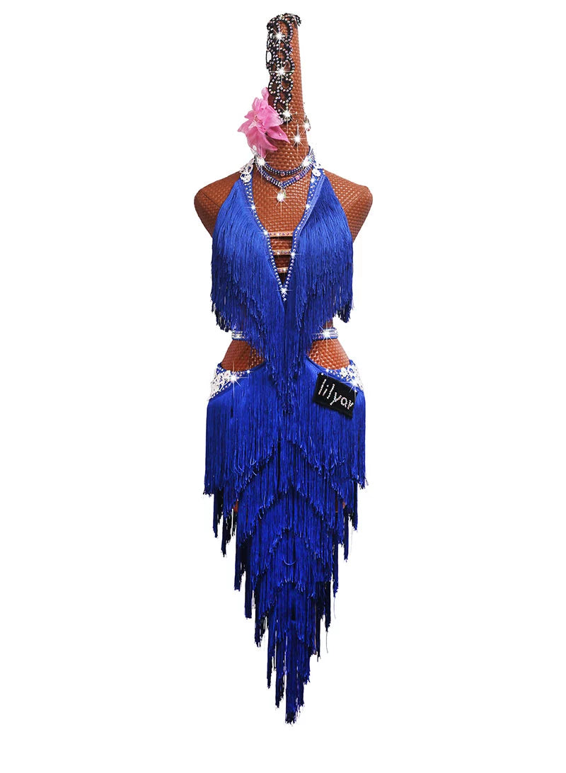 Women's Latin Dance Dresse Latin dance match dress performance dress performance Dress Dance Dress inspiration adult female treasure blue fringe Dress - Moderndancedress.com