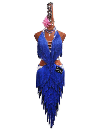 Women's Latin Dance Dresse Latin dance match dress performance dress performance Dress Dance Dress inspiration adult female treasure blue fringe Dress - Moderndancedress.com