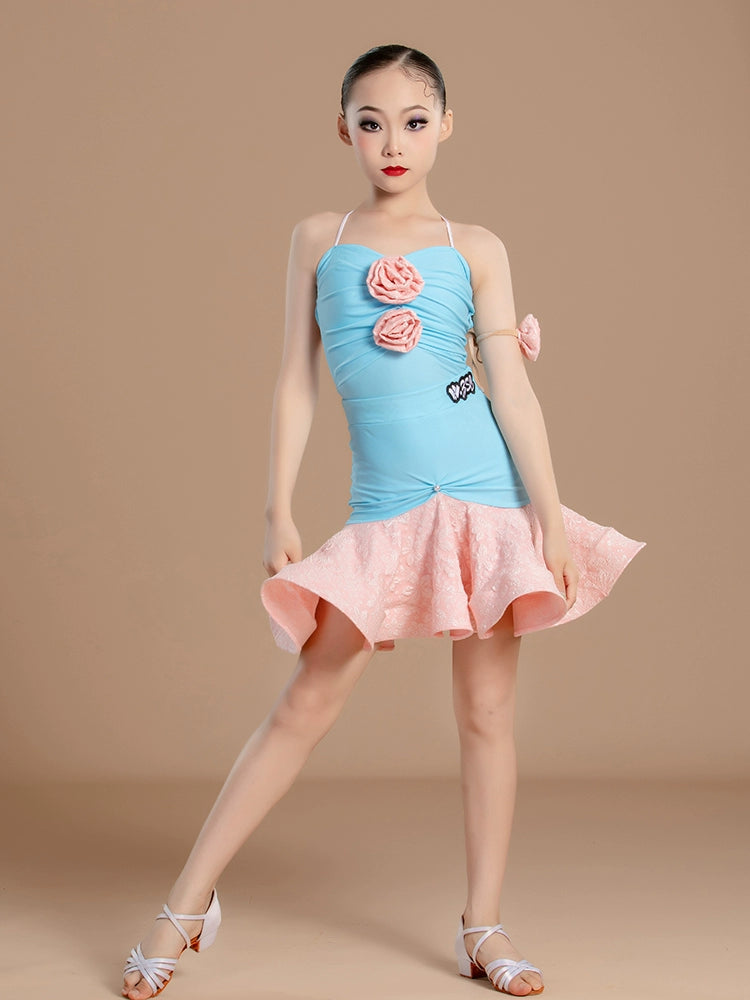 Pink blue flowers Latin dance dresses for girls kids ballroom salsa rumba chacha  split Latin training clothes for children - Moderndancedress.com
